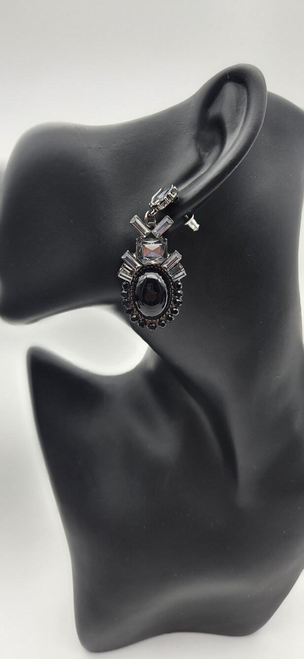 Black Rhinestone Statement Dangle Earrings Faceted Crystal Faux Onyx Drop...